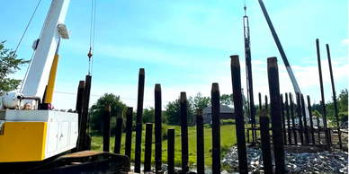 Two crawler cranes drive timber pilings for a bridge.