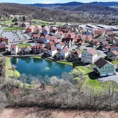 Aerial view of Stoudtburg Village showing the main parking area