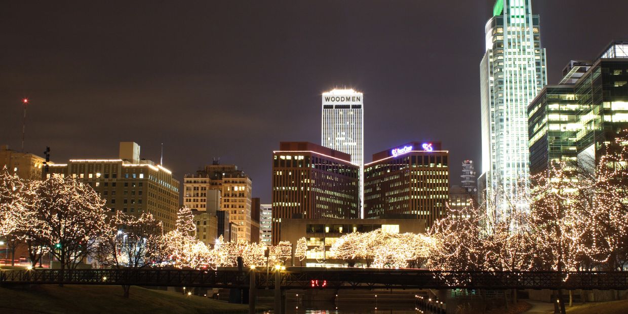 Downtown Omaha at night during Christmas