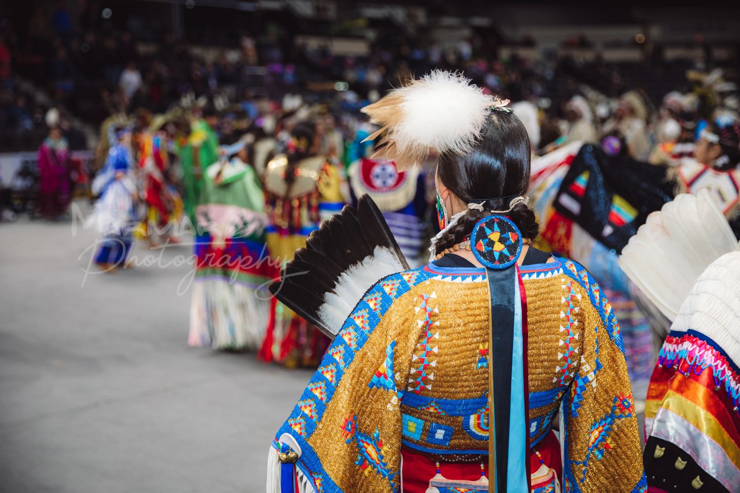 Person in vibrant Native American regalia at a cultural gathering.