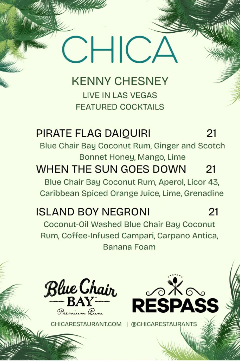 Cocktail menu featuring Kenny Chesney-inspired drinks with Blue Chair Bay rum.