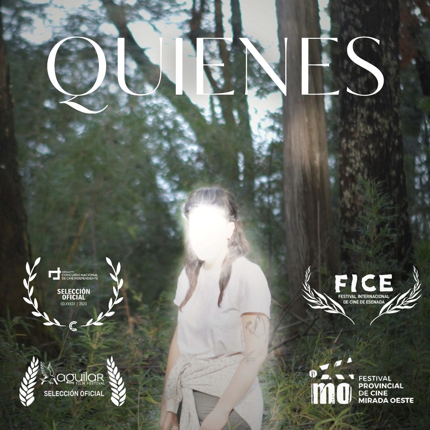 Cartel de película titulada "QUIENES" con rostro difuminado de una persona.