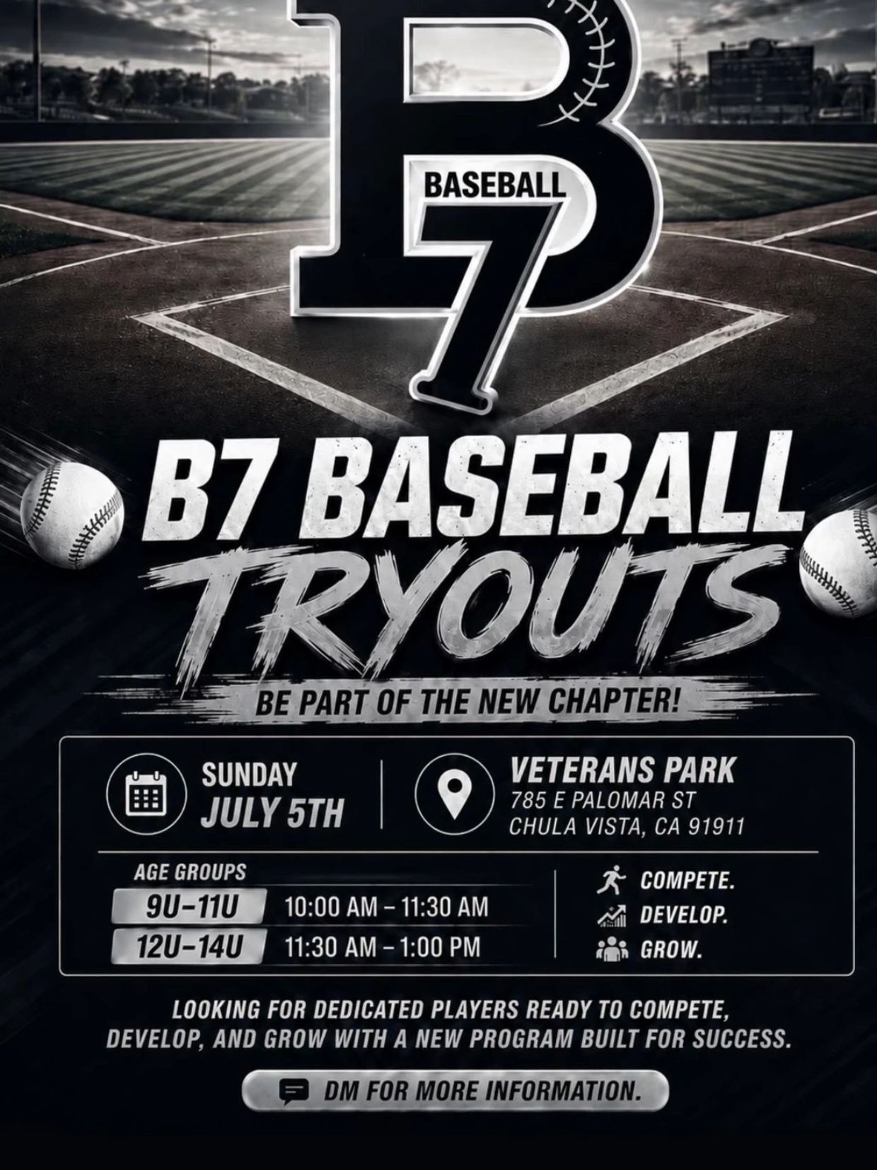 B7 Baseball tryouts announced for July 5th at Veterans Park in Chula Vista.