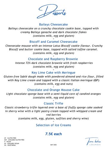 Dessert menu.  Served Tuesday to Friday evenings and all day Saturday.