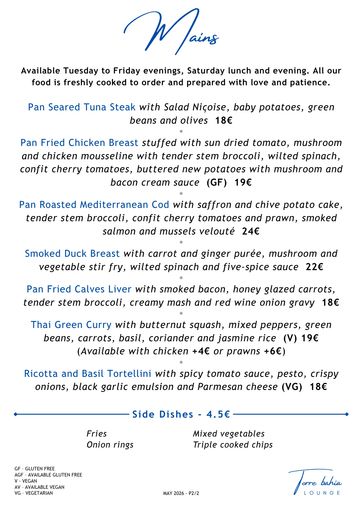 Mains menu.  Served Tuesday to Friday evenings and all day Saturday.