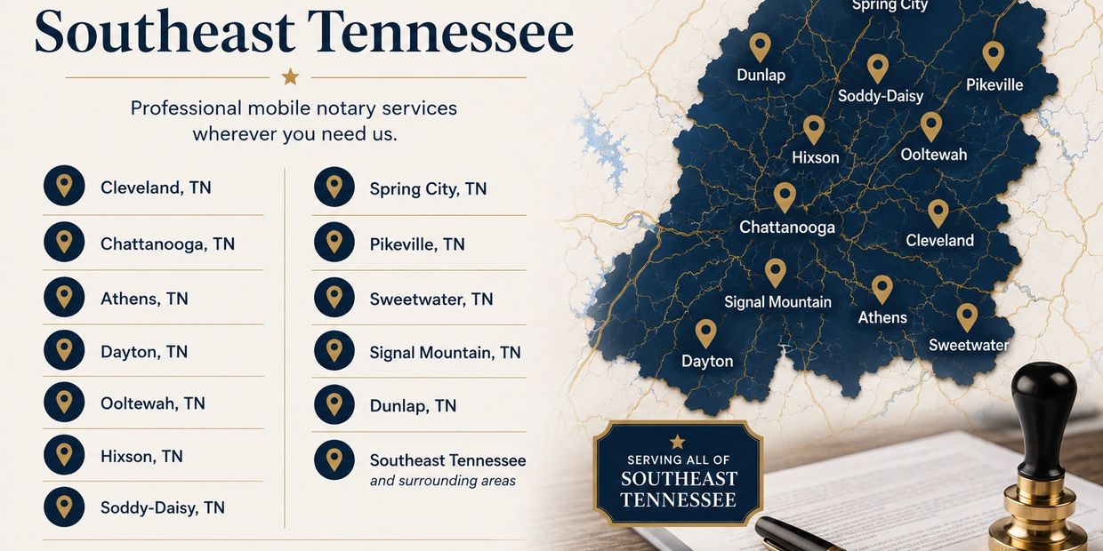 Map showing professional mobile notary services in Southeast Tennessee cities.