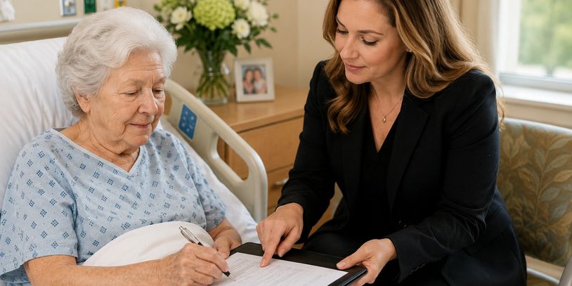 A healthcare professional helping an elderly patient with paperwork in a hospital room.