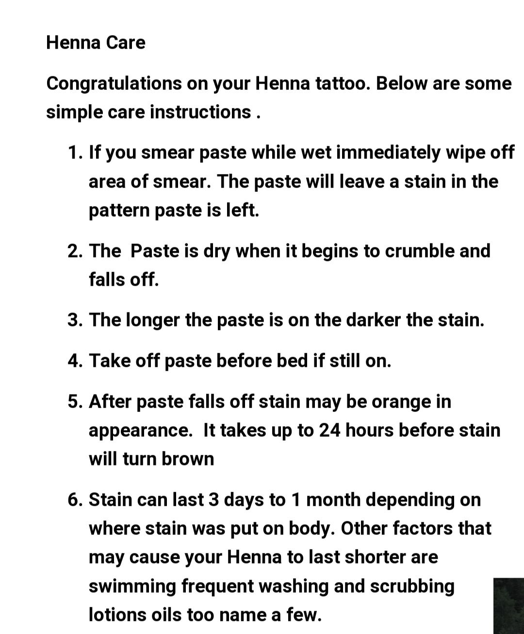 HENNA CARE AND INSTRUCTIONS 