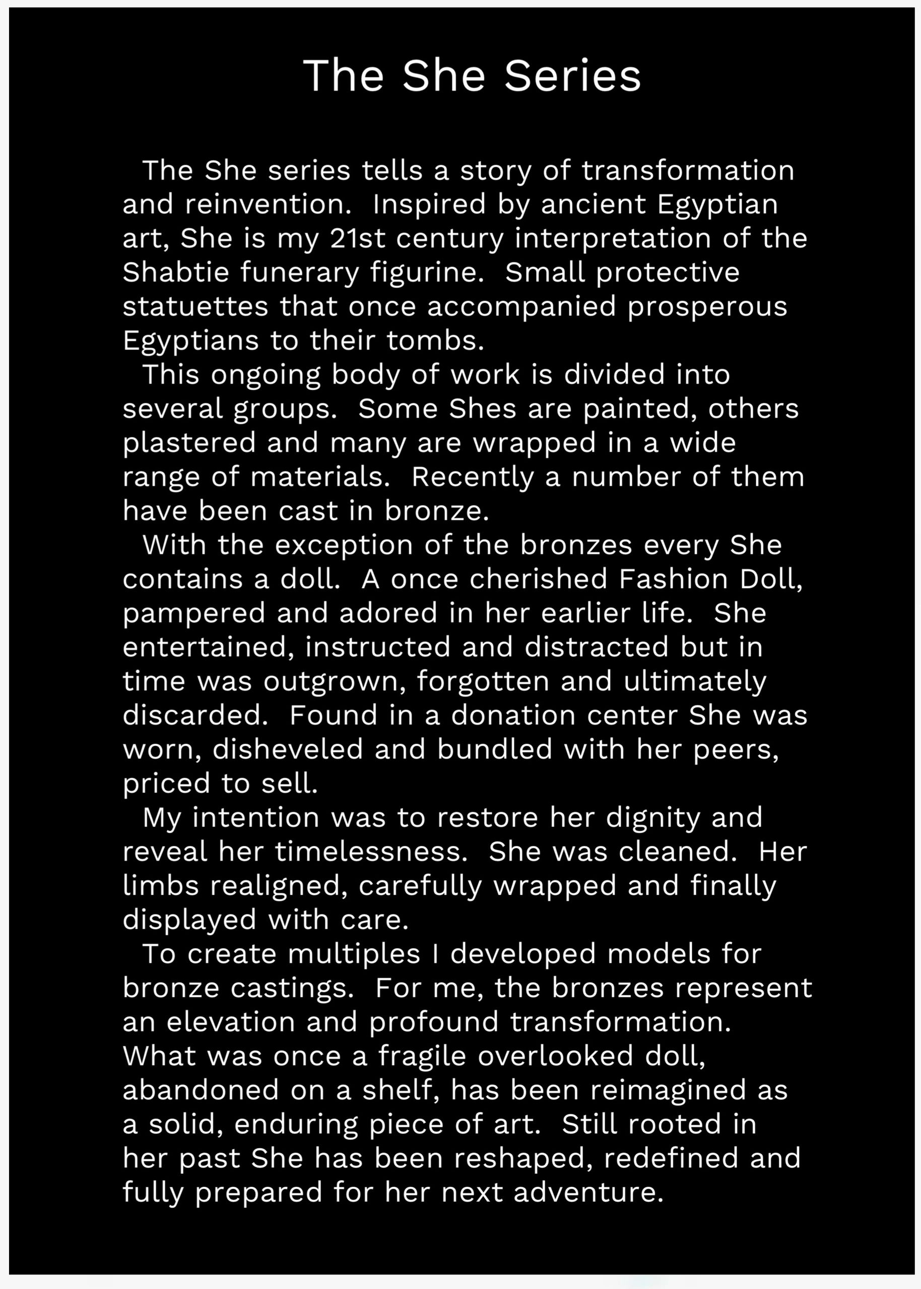 Explanation of The She Series inspired by ancient Egyptian art and transformation of dolls.