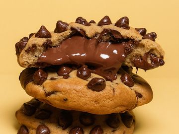 Stack of gooey chocolate chip cookies with melted chocolate inside.