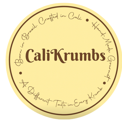 Circular logo for Cali Krumbs with brown text on a yellow background.