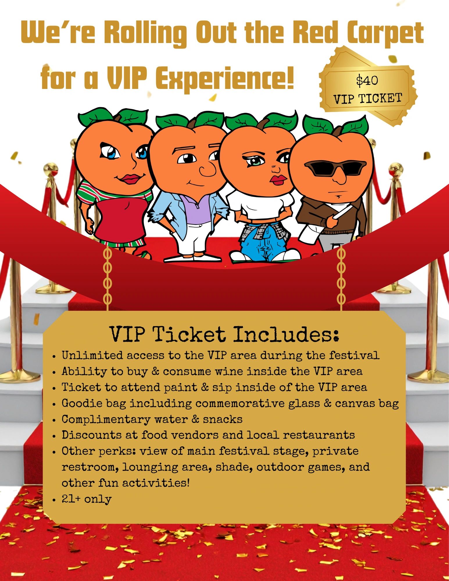VIP ticket promotion with peach characters on a red carpet background.