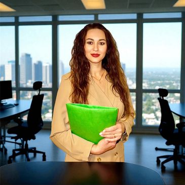 Professional woman in office holding a bright green folder.