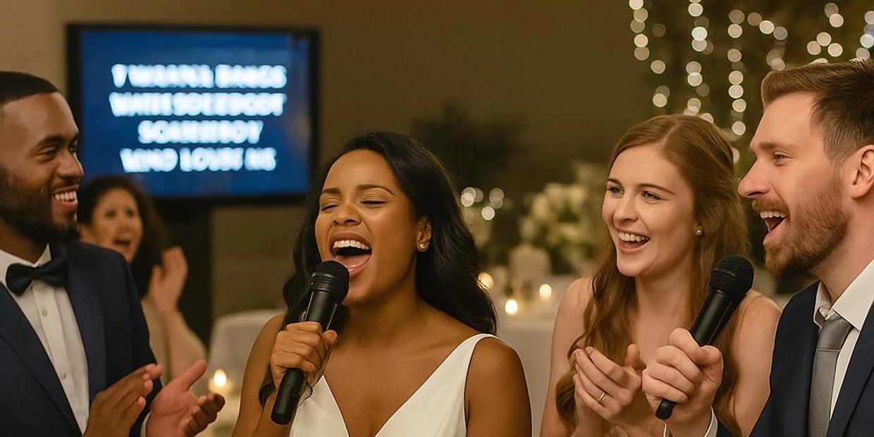 Group singing karaoke at a formal event.