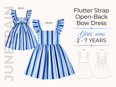 Blue and white striped flutter strap dress with open back and bow for girls aged 2-7.