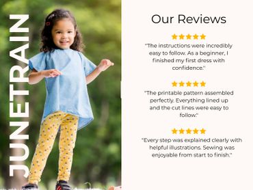 A young girl in a blue dress with positive reviews for Junetrain sewing patterns.