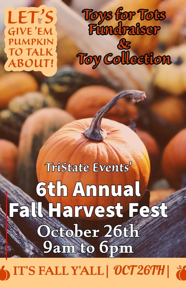 Flyer for the 6th Annual Fall Harvest Fest Toys for Tots Fundraiser