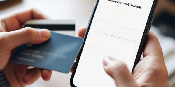 Person holds credit card and phone for online payment.