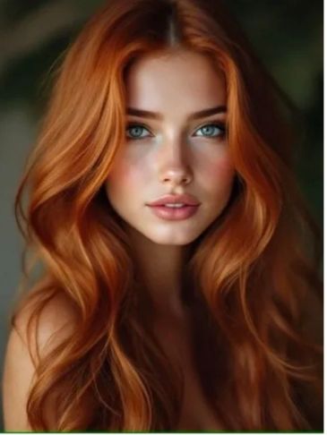 Portrait of a young woman with long red hair and blue eyes.