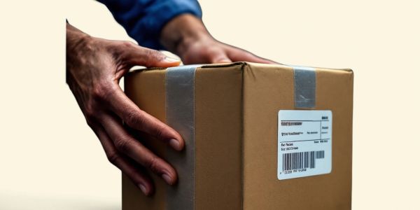 Hands holding a sealed cardboard box with a shipping label.