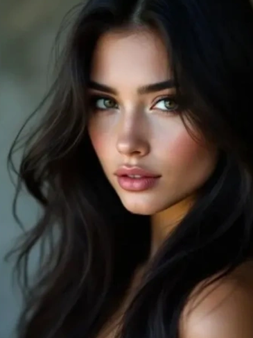 Close-up portrait of a woman with dark hair and green eyes.