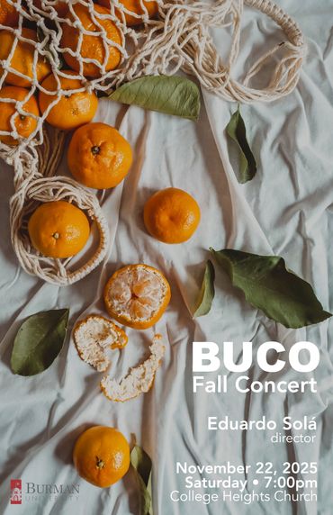 Oranges and leaves arranged on a fabric background with fall concert text overlay.