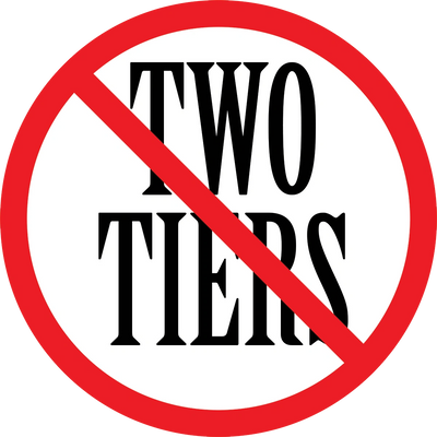 The word Two Tiers inside a red outlined circle with a red line through it indicating No two tiers.