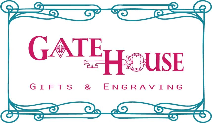 Logo for Gate House Gifts & Engraving with decorative key and border.