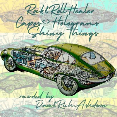 Illustrated vintage car with artistic text overlay about music and holograms.