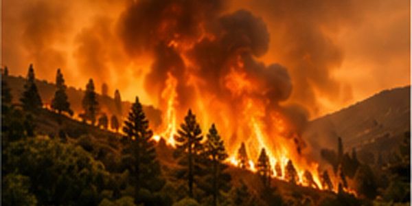 Wildfire engulfing forest on hillside.