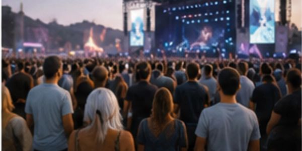 Crowd watching concert stage at dusk.