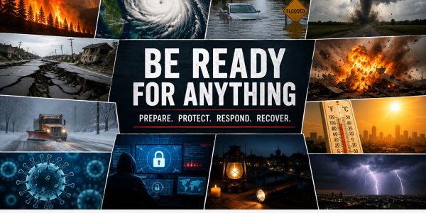 Collage urging preparedness for disasters and emergencies.