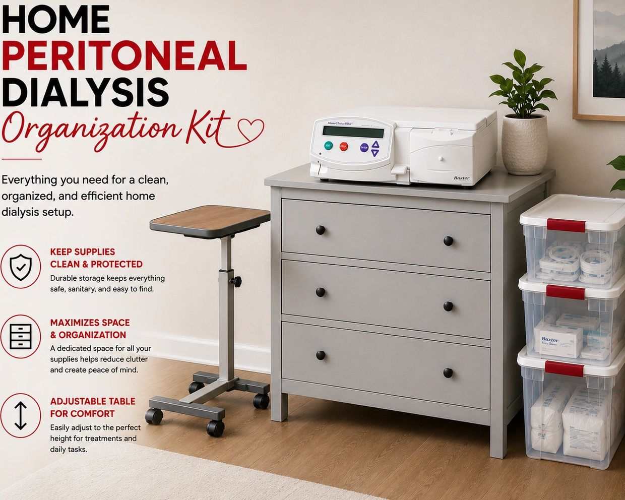 Organized home peritoneal dialysis kit with storage and adjustable table.
