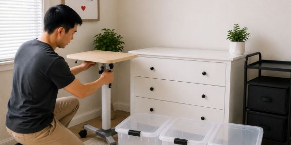Man assembling a table in a room.