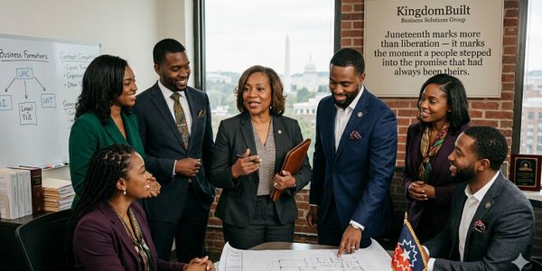 A diverse group in business attire discussing plans around a table in an office.