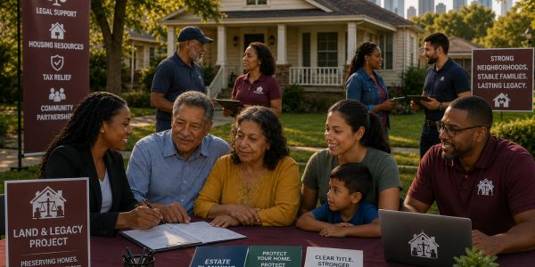 Community members gather outdoors to discuss housing and legal support programs.