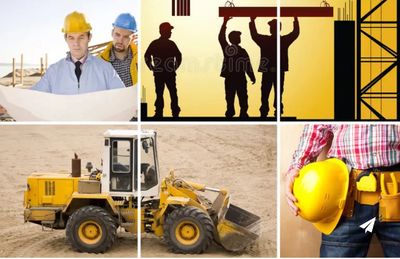 A collage showing construction workers, equipment, and safety gear on site.