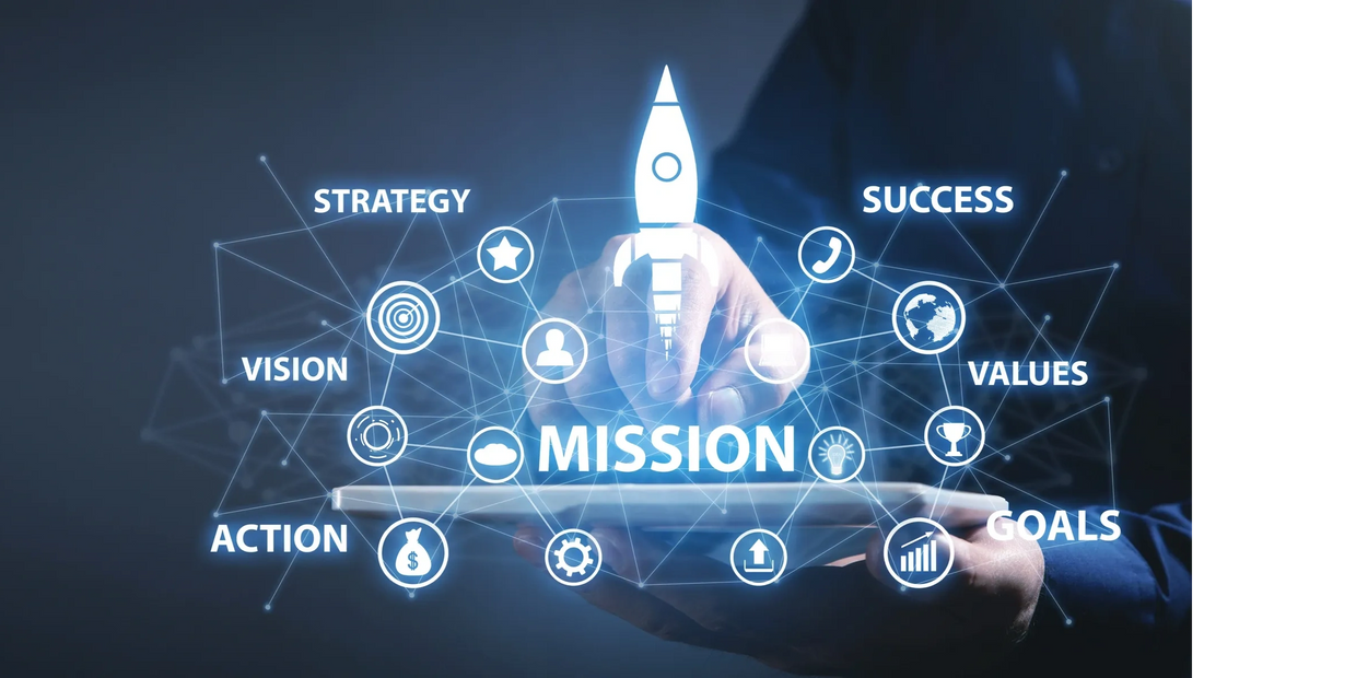 Business strategy concepts with mission and goals icons over digital tablet.