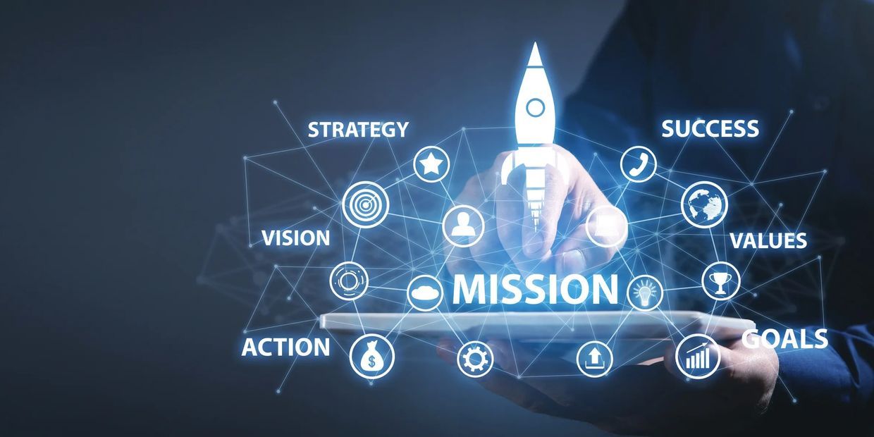 Business strategy concepts with mission and goals icons over digital tablet.