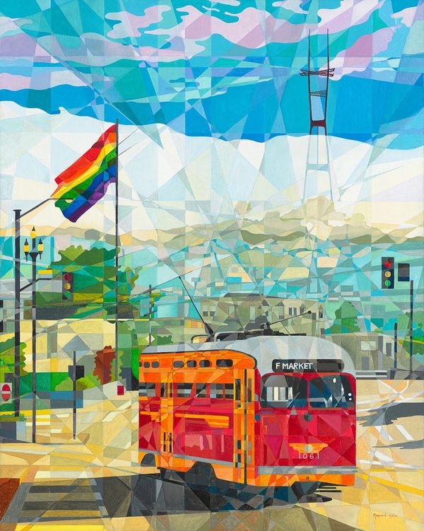 A SF Streetcar, the pride Flag, and the Sutro Tower. Oil on Canvas by Raymundo Valdez.