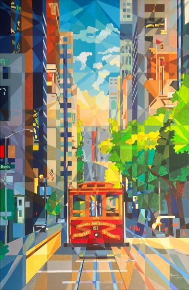 Cable Car in San Francisco. California St. San Francisco Downtown. Oil on Canvas by Raymundo Valdez.