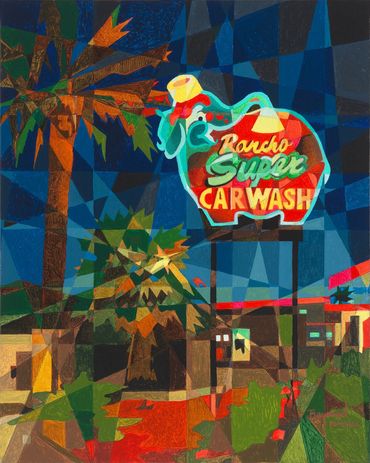 Elephant Car Wash. Rancho Mirage, CA. Oil on Canvas Panel by Raymundo Valdez. 