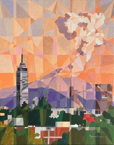 Popocatépetl y la Torre Latinoamericana in CDMX. Oil on Canvas by Raymundo Valdez.