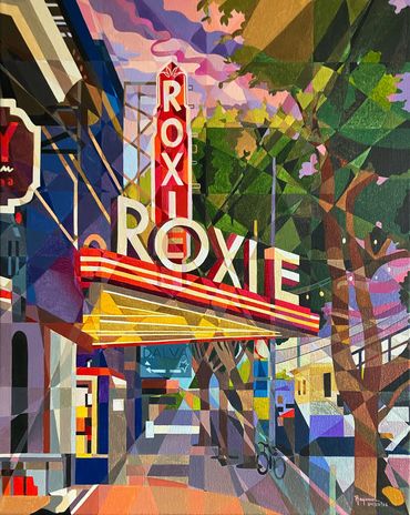 The Roxie Theatre in the Mission District of San Francisco, CA. Oil on Canvas by Raymundo Valdez. 