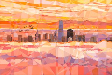 San Francisco Skyline Over a Stunning Fog Bank. Painting by Raymundo Valdez. SF, CA. USA.