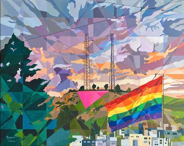 San Francisco's Pink Triangle during Pride Month. Oil Painting by Raymundo Valdez. 