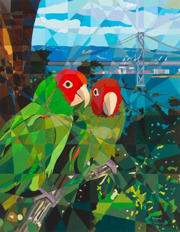 Wild Parrots of San Francisco. California. Oil on Canvas by Raymundo Valdez. 