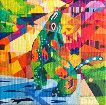 A coyote alebrije inspired by a handcrafted Oaxacan wood carving. Oil on Canvas by Raymundo Valdez. 