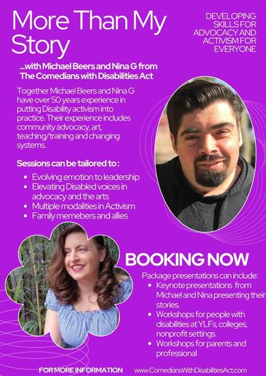 Promotional flyer for disability activism sessions with Michael Beers and Nina G.