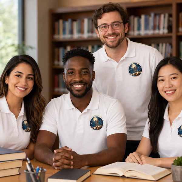 Group of four diverse students smiling in a library setting.